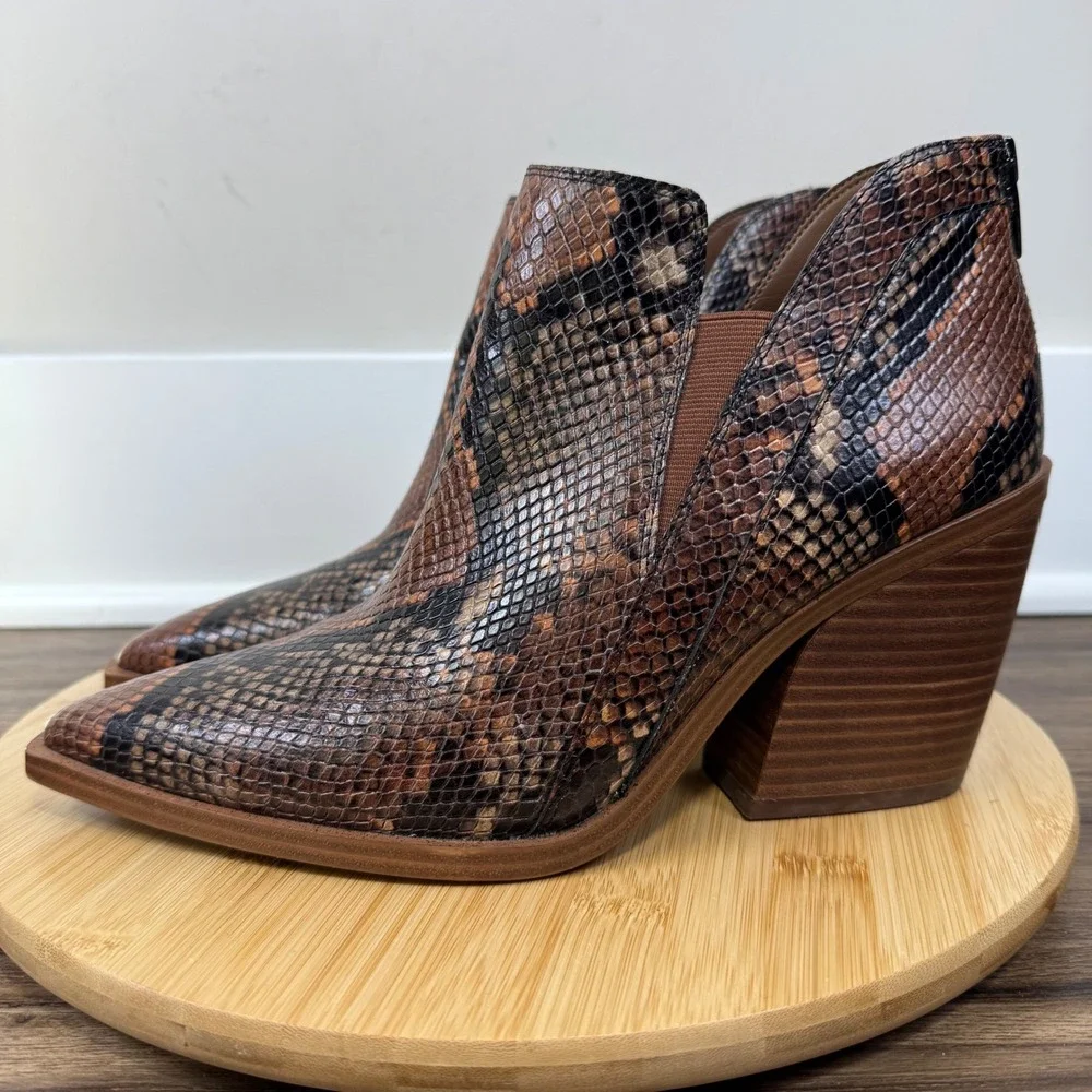 Vince Camuto Gradina Bootie Women 11M Brown Snake Print Block Heel Zip